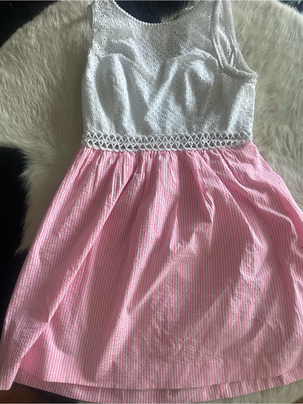 Lilly Pulitzer White Eyelet Top, Seersucker Pink Striped Dress.